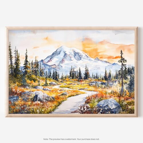 01 - Mount Rainier National Park Watercolor - Horizontal Art - Digital Download - Main.jpg