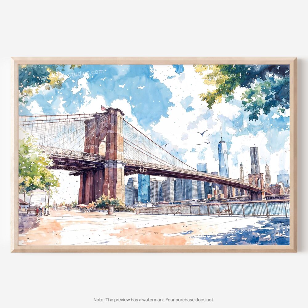 01 - NYC Brooklyn Bridge Watercolor Art - Horizontal Art - Digital Download - Main.jpg
