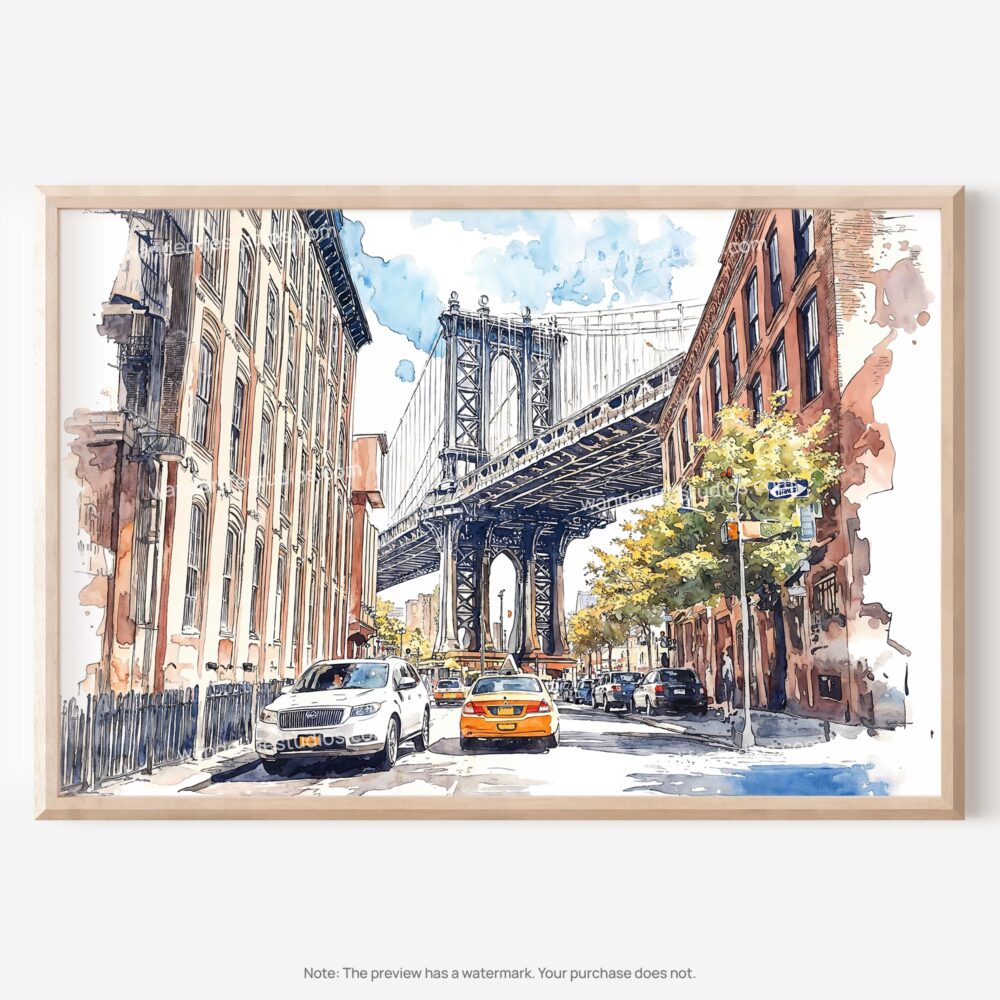 01 - NYC Manhattan Bridge Watercolor Art - Horizontal Art - Digital Download - Main.jpg