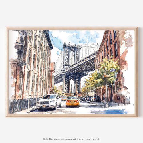 01 - NYC Manhattan Bridge Watercolor Art - Horizontal Art - Digital Download - Main.jpg