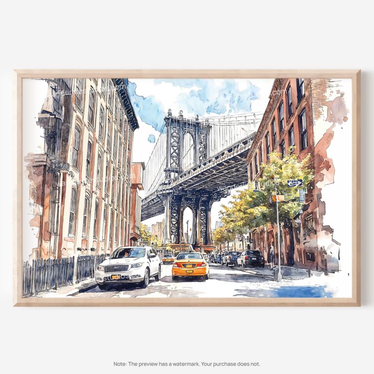 01 - NYC Manhattan Bridge Watercolor Art - Horizontal Art - Digital Download - Main.jpg