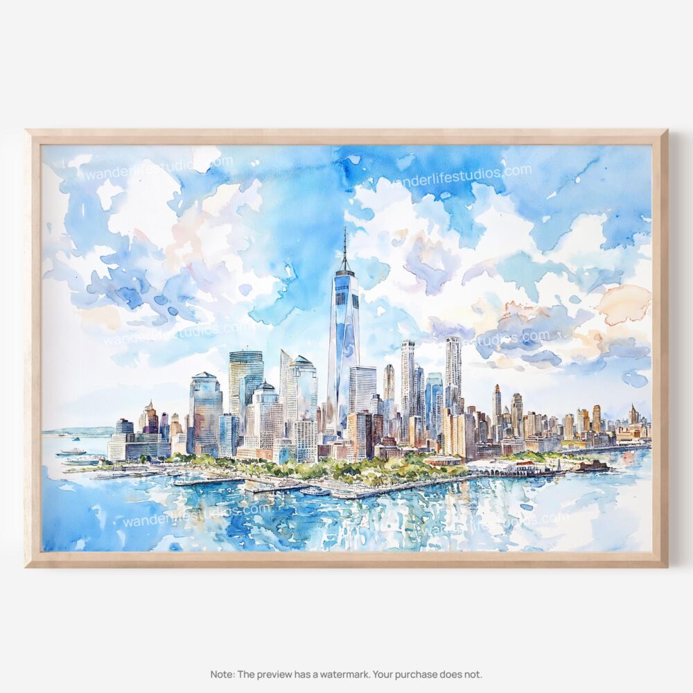 01 - New York City Skyline Watercolor Art - Horizontal Art - Digital Download - Main.jpg