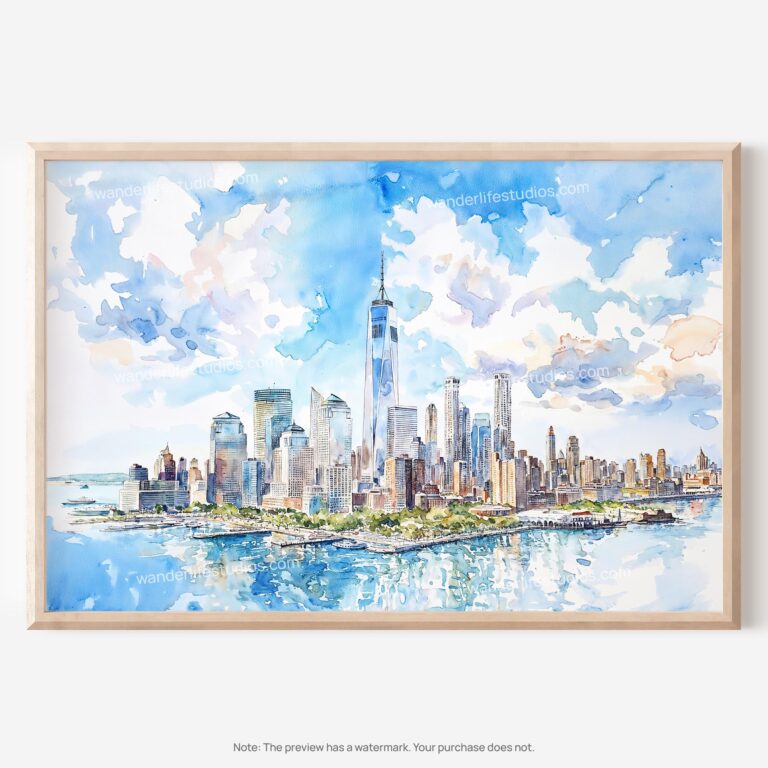 01 - New York City Skyline Watercolor Art - Horizontal Art - Digital Download - Main.jpg