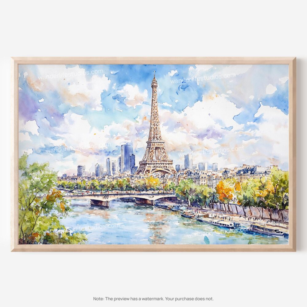 01 - Paris Eiffel Tower Watercolor Art - Horizontal Art - Digital Download - Main.jpg