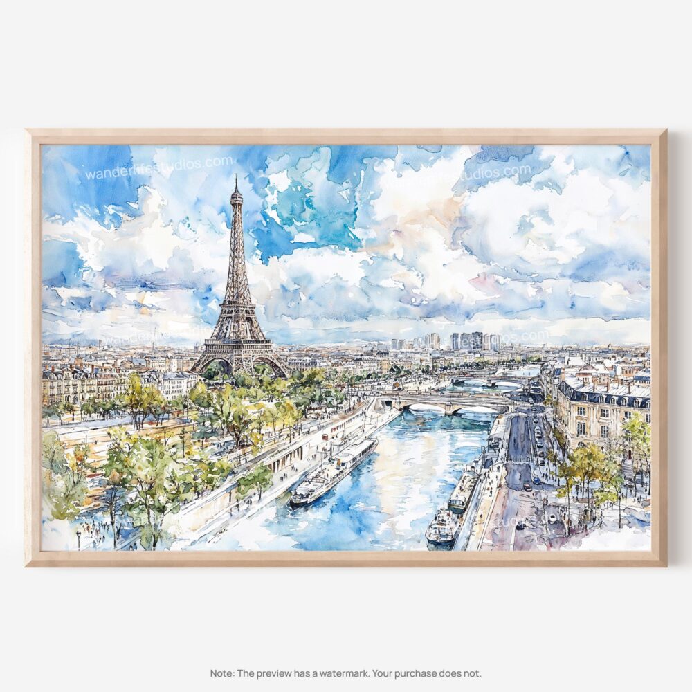 01 - Paris Skyline Watercolor Art - Horizontal Art - Digital Download - Main.jpg