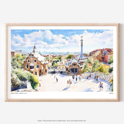 01 - Park Guell Spain Watercolor Art - Horizontal Art - Digital Download - Main.jpg