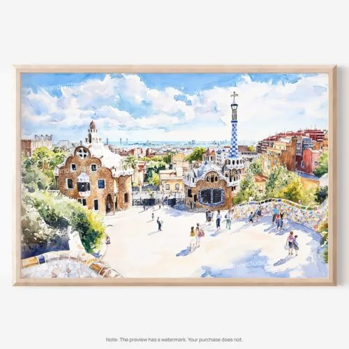 01 - Park Guell Spain Watercolor Art - Horizontal Art - Digital Download - Main.jpg