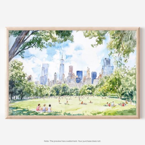 01 - Picnic in Central Park New York Watercolor Art - Horizontal Art - Digital Download - Main.jpg