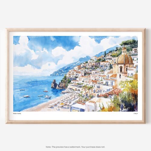 01 - Positano Italy Watercolor Art - Horizontal Art - Digital Download - Main.jpg