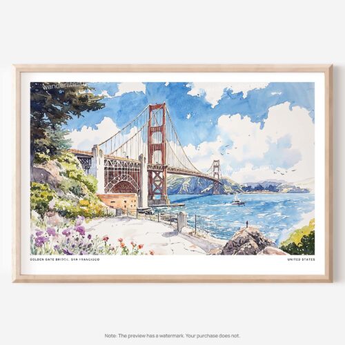 01 - San Francisco Golden Gate Bridge Watercolor Art - Horizontal Art - Digital Download - Main.jpg
