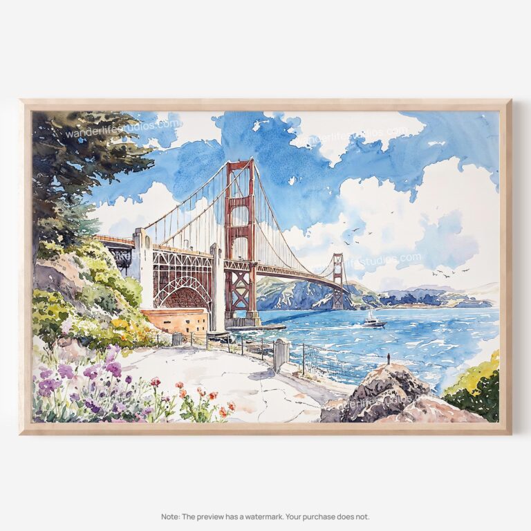 01 - San Francisco Golden Gate Bridge Watercolor Art - Horizontal Art - Digital Download - Main.jpg