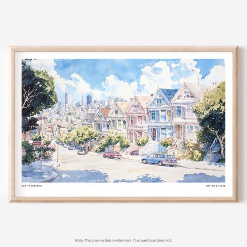 01 - San Francisco Painted Ladies Watercolor Art - Horizontal Art - Digital Download - Main.jpg
