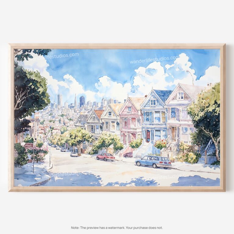 01 - San Francisco Painted Ladies Watercolor Art - Horizontal Art - Digital Download - Main.jpg