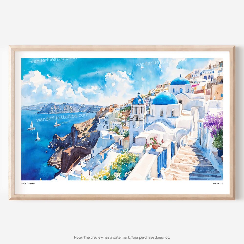 01 - Santorini Blue Dome Church Watercolor Art - Horizontal Art - Digital Download - Main.jpg