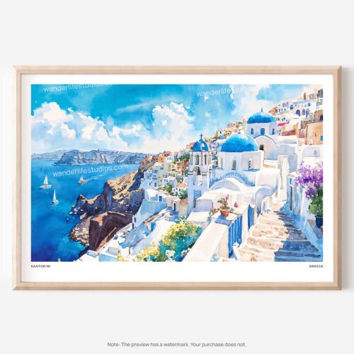 01 - Santorini Blue Dome Church Watercolor Art - Horizontal Art - Digital Download - Main.jpg
