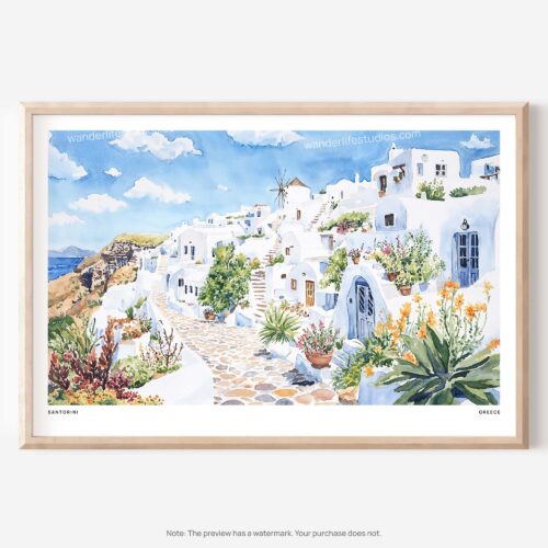 01 - Santorini Watercolor Art - Horizontal Art - Digital Download - Main.jpg
