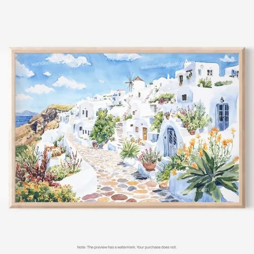 01 - Santorini Watercolor Art - Horizontal Art - Digital Download - Main.jpg