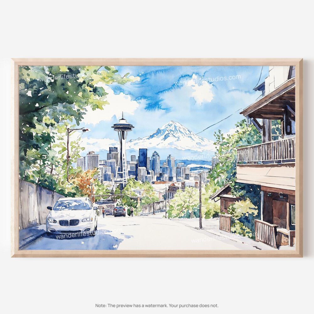 01 - Seattle Skyline Watercolor Art - Horizontal Art - Digital Download - Main.jpg