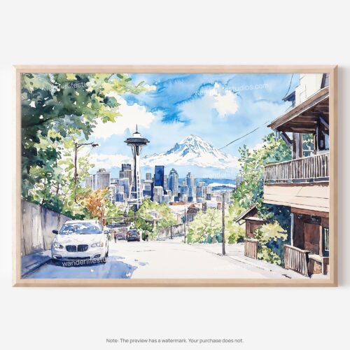 01 - Seattle Skyline Watercolor Art - Horizontal Art - Digital Download - Main.jpg