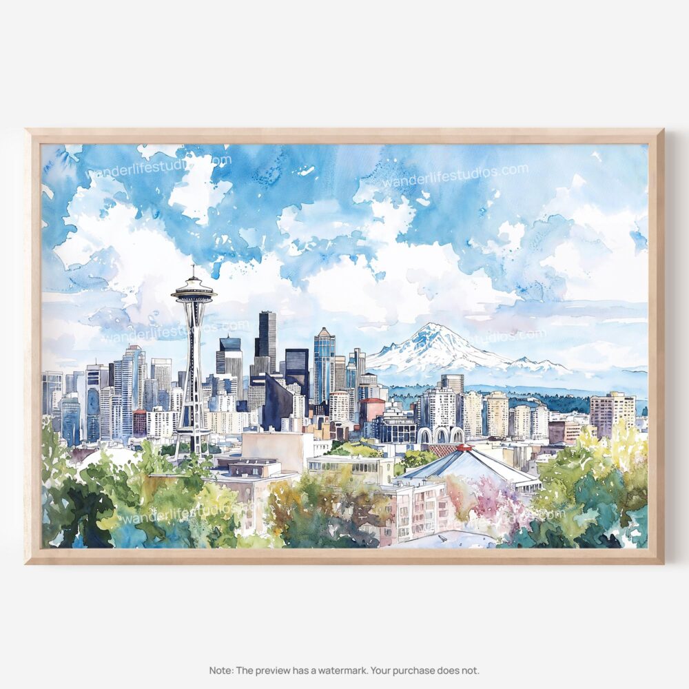 01 - Seattle Skyline with Mount Rainier Watercolor Art - Horizontal Art - Digital Download - Main.jpg