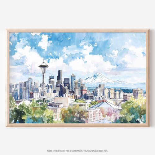 01 - Seattle Skyline with Mount Rainier Watercolor Art - Horizontal Art - Digital Download - Main.jpg