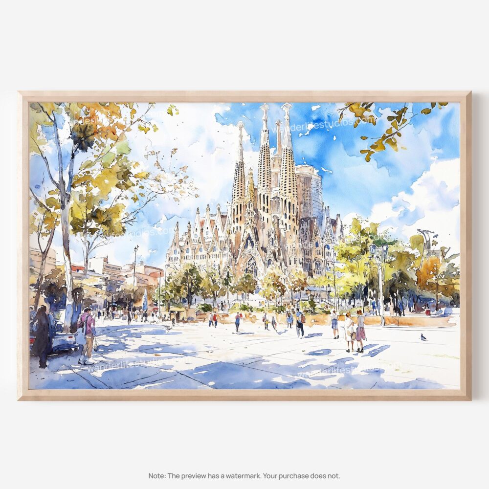 01 - Spain Sagrada Familia Watercolor Art - Horizontal Art - Digital Download - Main.jpg