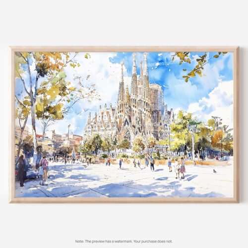 01 - Spain Sagrada Familia Watercolor Art - Horizontal Art - Digital Download - Main.jpg