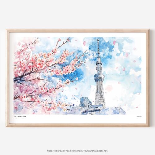 01 - Tokyo Skytree During Sakura Season Watercolor Art - Horizontal Art - Digital Download - Main.jpg