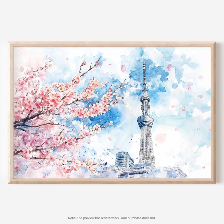 01 - Tokyo Skytree During Sakura Season Watercolor Art - Horizontal Art - Digital Download - Main.jpg