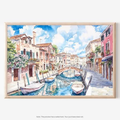 01 - Venice Italy Canals Watercolor Art - Horizontal Art - Digital Download - Main.jpg