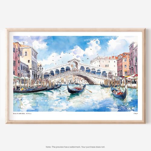01 - Venice Italy Rialto Bridge Watercolor Art - Horizontal Art - Digital Download - Main.jpg