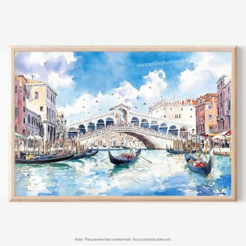 01 - Venice Italy Rialto Bridge Watercolor Art - Horizontal Art - Digital Download - Main.jpg