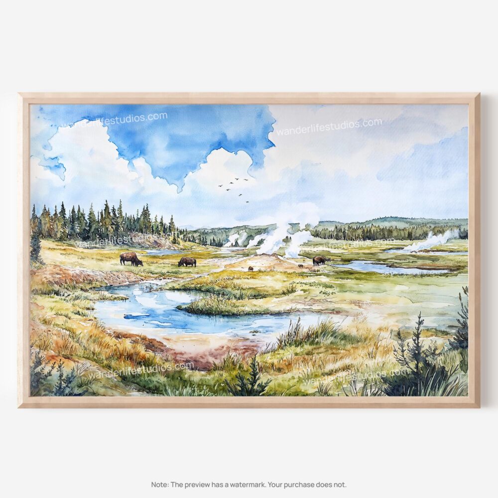 01 - Yellowstone National Park Watercolor - Horizontal Art - Digital Download - Main.jpg