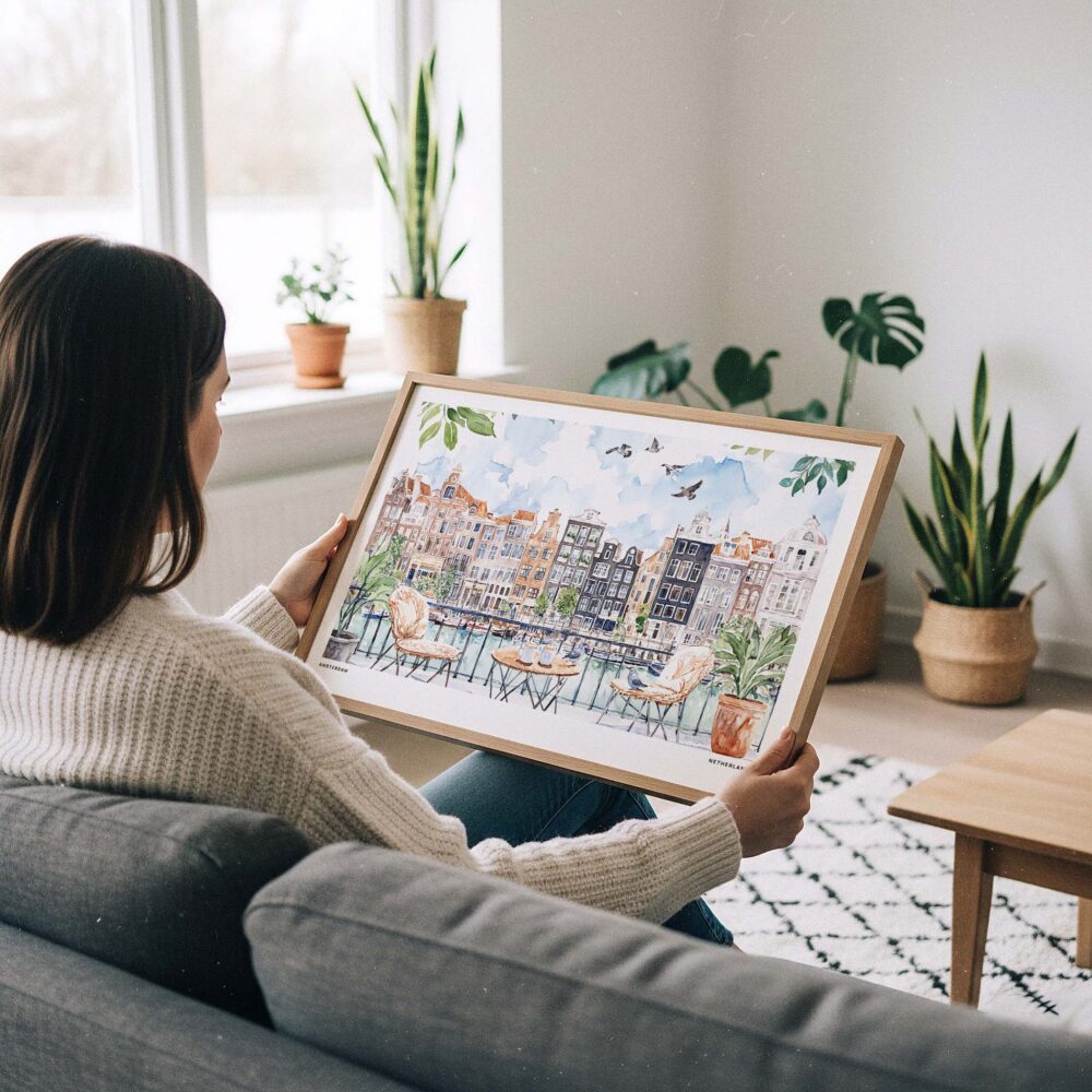 02 - A Woman Holding A Framed A Morning in Amsterdam Watercolor Art - Horizontal Art Print.jpg 02 - A Woman Holding A Framed A Morning in Amsterdam Watercolor Art - Horizontal Art Print.jpg