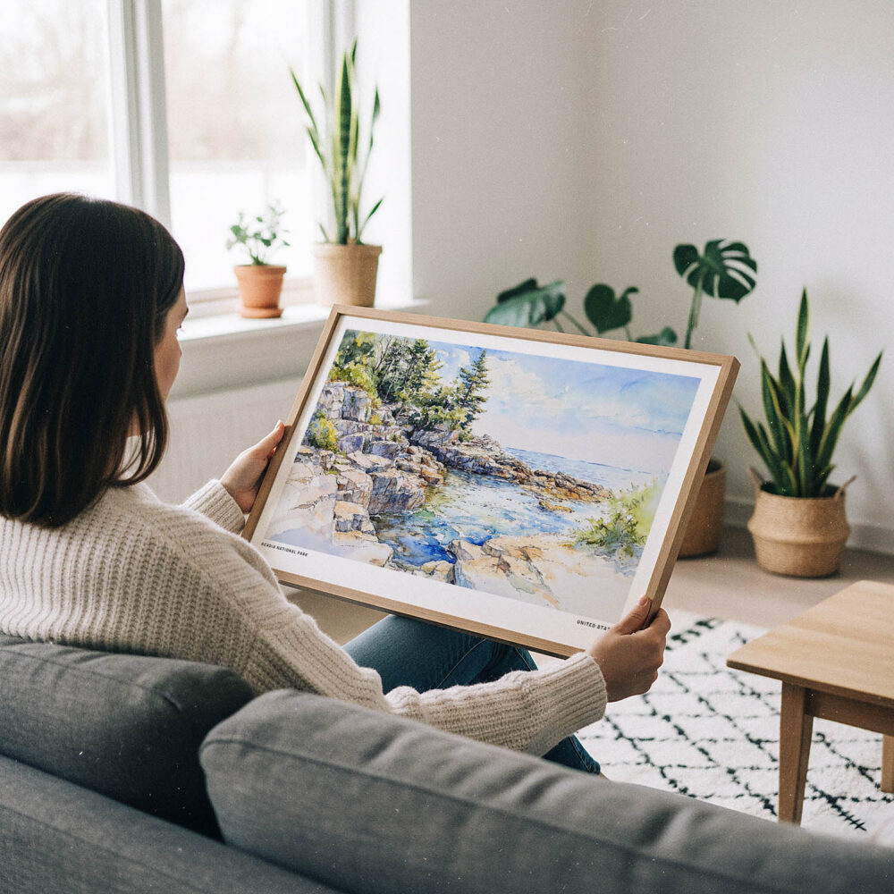 02 - A Woman Holding A Framed Acadia National Park Watercolor - Horizontal Art Print.jpg 02 - A Woman Holding A Framed Acadia National Park Watercolor - Horizontal Art Print.jpg