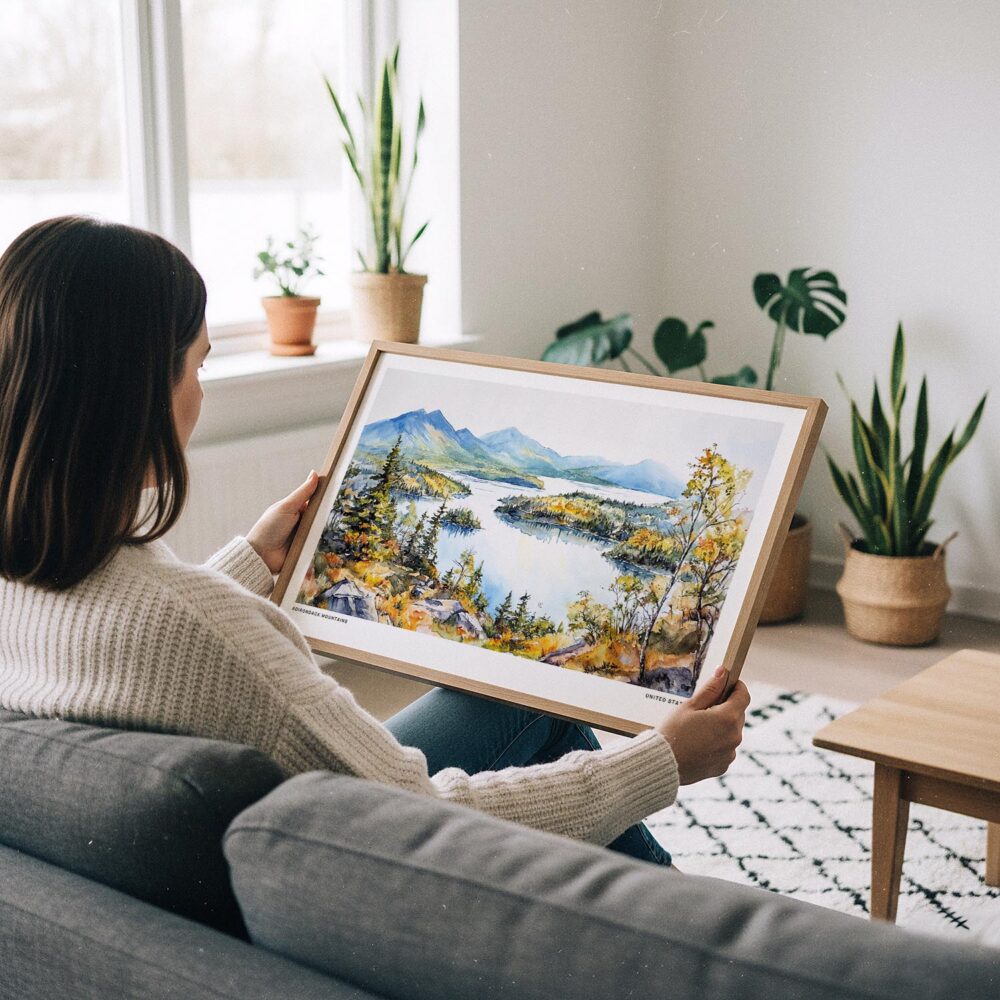 02 - A Woman Holding A Framed Adirondack Mountains Watercolor - Horizontal Art Print.jpg 02 - A Woman Holding A Framed Adirondack Mountains Watercolor - Horizontal Art Print.jpg