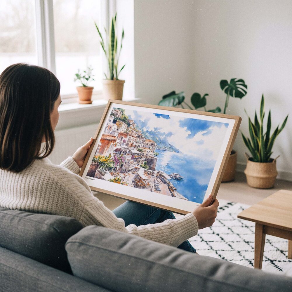 02 - A Woman Holding A Framed Amalfi Coast Watercolor Art - Horizontal Art Print.jpg 02 - A Woman Holding A Framed Amalfi Coast Watercolor Art - Horizontal Art Print.jpg