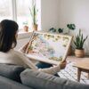 02 - A Woman Holding A Framed Amalfi Coast with Lemon Trees Watercolor Art - Horizontal Art Print.jpg