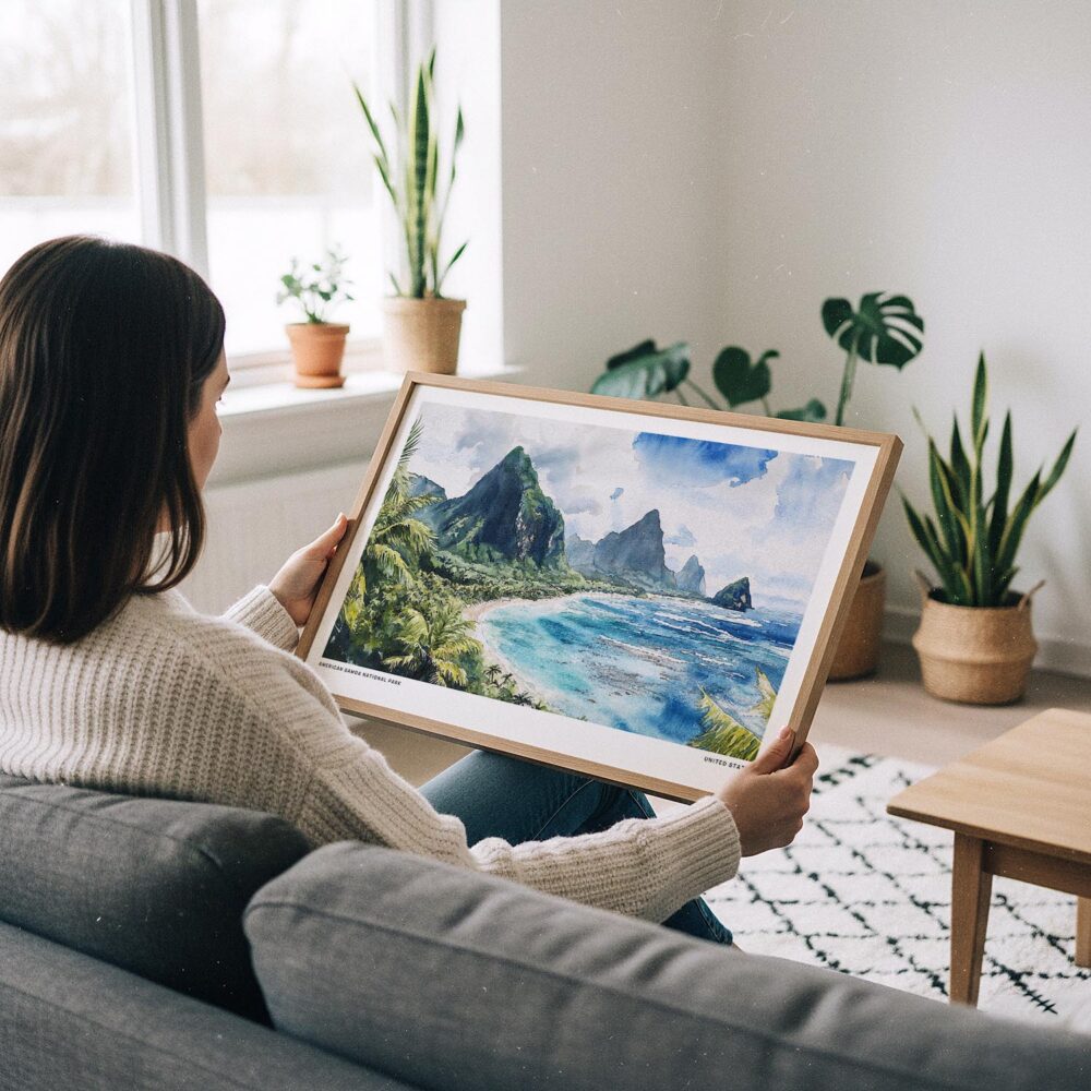 02 - A Woman Holding A Framed American Samoa National Park Watercolor - Horizontal Art Print.jpg 02 - A Woman Holding A Framed American Samoa National Park Watercolor - Horizontal Art Print.jpg