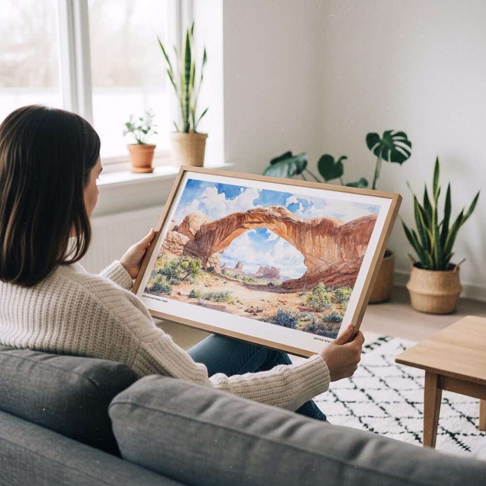02 - A Woman Holding A Framed Arches National Park Watercolor - Horizontal Art Print.jpg 02 - A Woman Holding A Framed Arches National Park Watercolor - Horizontal Art Print.jpg