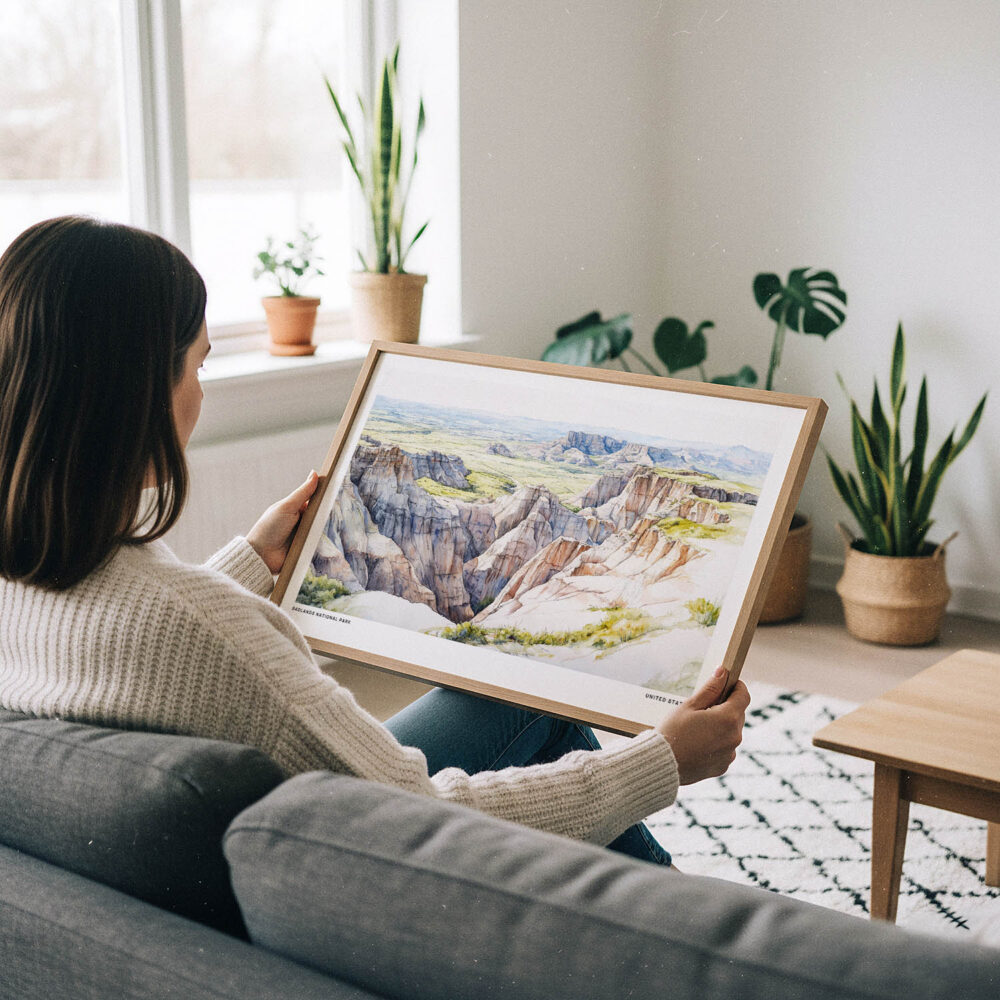 02 - A Woman Holding A Framed Badlands National Park Watercolor - Horizontal Art Print.jpg 02 - A Woman Holding A Framed Badlands National Park Watercolor - Horizontal Art Print.jpg