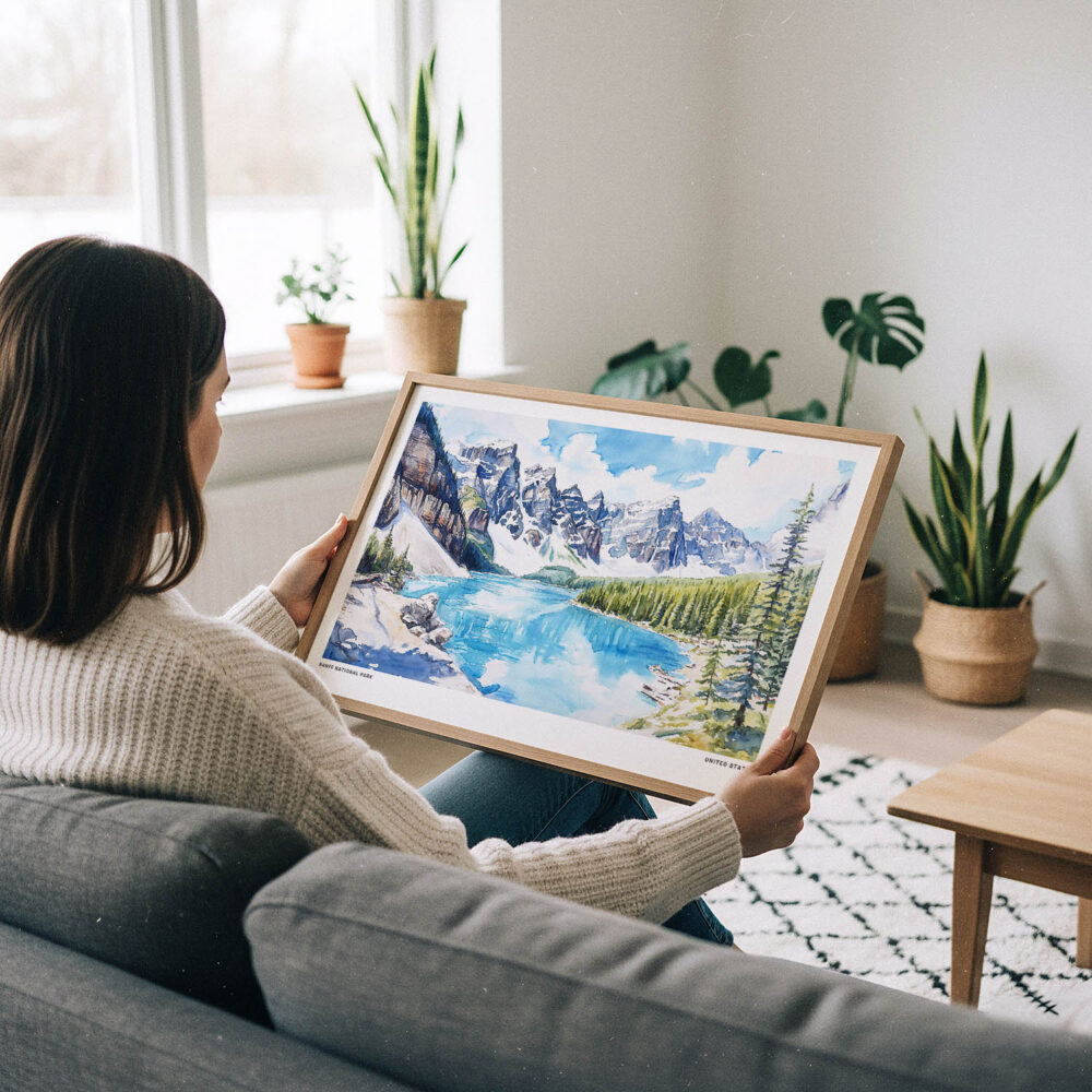 02 - A Woman Holding A Framed Banff National Park Watercolor - Horizontal Art Print.jpg 02 - A Woman Holding A Framed Banff National Park Watercolor - Horizontal Art Print.jpg