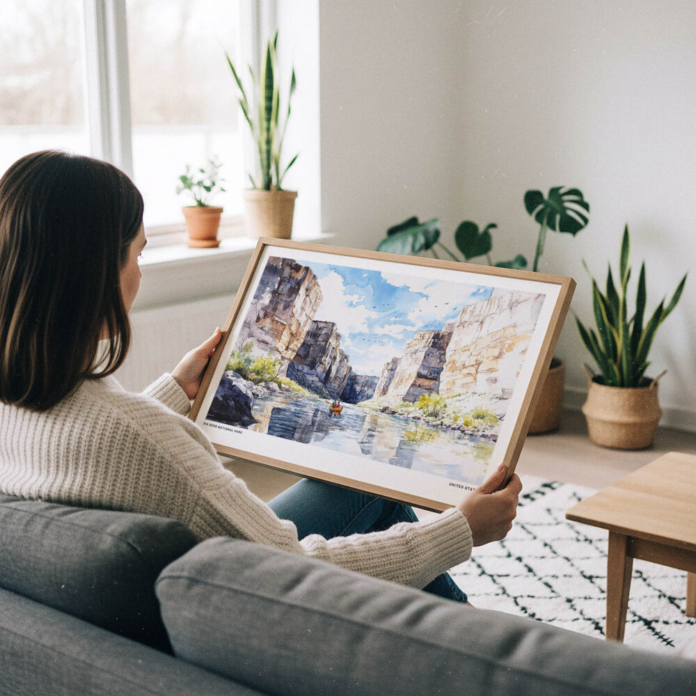 02 - A Woman Holding A Framed Big Bend National Park Watercolor - Horizontal Art Print.jpg 02 - A Woman Holding A Framed Big Bend National Park Watercolor - Horizontal Art Print.jpg