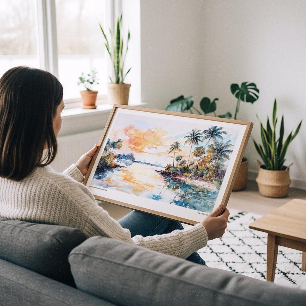 02 - A Woman Holding A Framed Biscayne National Park Watercolor - Horizontal Art Print.jpg 02 - A Woman Holding A Framed Biscayne National Park Watercolor - Horizontal Art Print.jpg