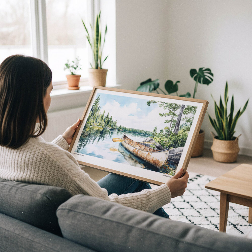 02 - A Woman Holding A Framed Boundary Waters Watercolor - Horizontal Art Print.jpg 02 - A Woman Holding A Framed Boundary Waters Watercolor - Horizontal Art Print.jpg