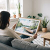 02 - A Woman Holding A Framed Boundary Waters Watercolor - Horizontal Art Print.jpg