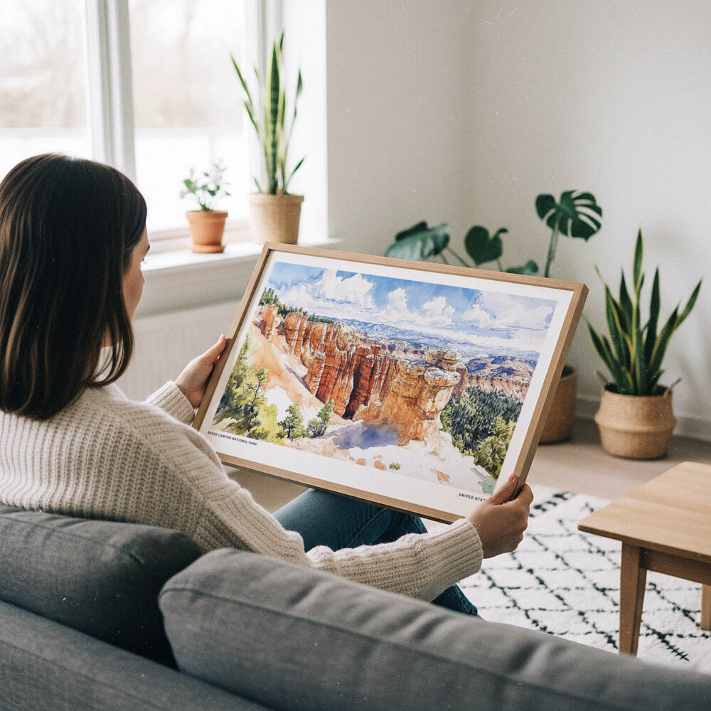 02 - A Woman Holding A Framed Bryce Canyon National Park Watercolor - Horizontal Art Print.jpg 02 - A Woman Holding A Framed Bryce Canyon National Park Watercolor - Horizontal Art Print.jpg