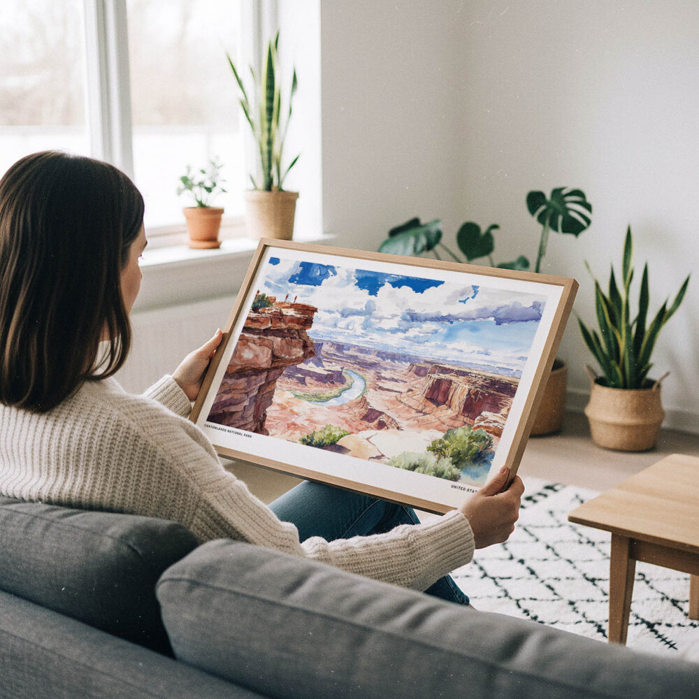 02 - A Woman Holding A Framed Canyonlands National Park Watercolor - Horizontal Art Print.jpg 02 - A Woman Holding A Framed Canyonlands National Park Watercolor - Horizontal Art Print.jpg