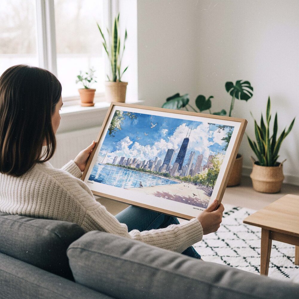 02 - A Woman Holding A Framed Chicago Skyline Watercolor Art - Horizontal Art Print.jpg 02 - A Woman Holding A Framed Chicago Skyline Watercolor Art - Horizontal Art Print.jpg