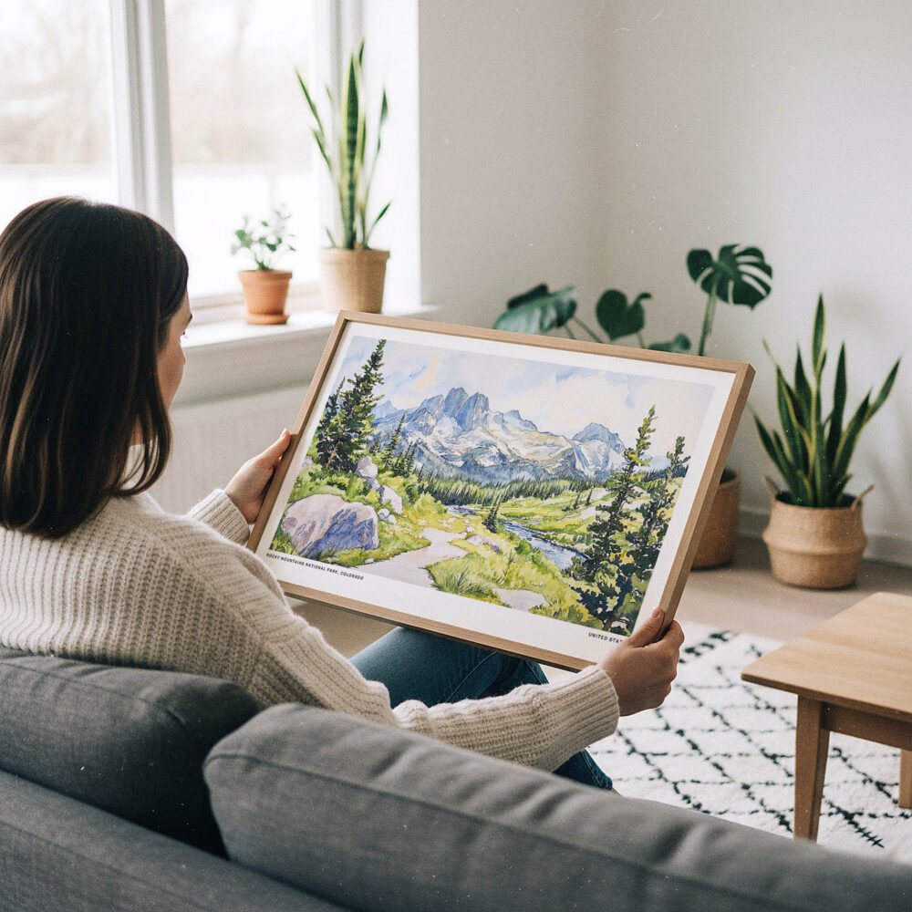 02 - A Woman Holding A Framed Colorado Rocky Mountains National Park Watercolor - Horizontal Art Print.jpg 02 - A Woman Holding A Framed Colorado Rocky Mountains National Park Watercolor - Horizontal Art Print.jpg
